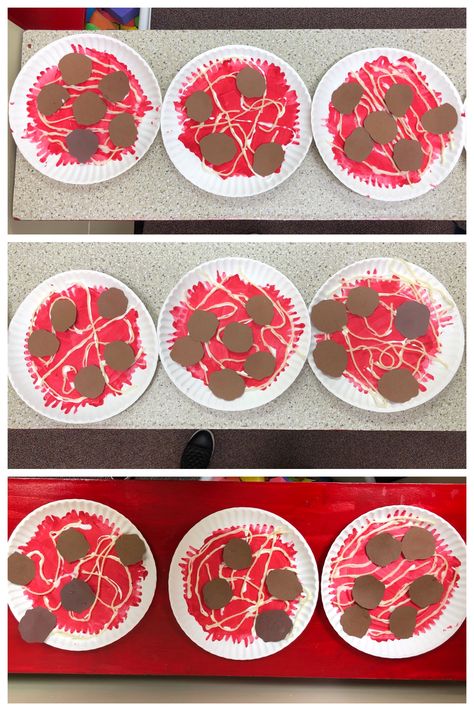 Nutrition unit. Paper plate spaghetti (yarn) and meatballs. Make glue lines and have kids try to follow line gluing on yarn. Read Cloudy with a chance of meatballs. Preschool November, Preschool Planning, Spaghetti And Meatballs, Fun Crafts For Kids, Paper Plate, Paper Plates, Meatballs, Fun Crafts, Glue