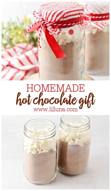 This Hot Chocolate Gift includes a homemade hot cocoa recipe and gift idea with free printable tags - perfect for sharing! #hotcocoa #gift #christmasgift #hotchocolate Diy Hot Chocolate Mason Jar Gifts, Hot Chocolate Dry Mix Christmas Gifts, Homemade Hot Chocolate Without Dry Milk, Hot Cocoa Mix Gift Ideas In A Jar, Diy Hot Chocolate Mix Gift, Homemade Hot Chocolate Gift Ideas, Hotchocolate Homemade Gift, Diy Hot Cocoa Mix Gift, Hot Chocolate Gift Jar