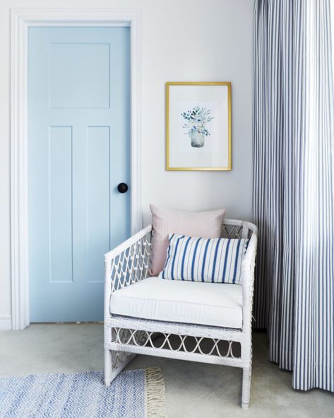 Sarah Gunn uses a door from Metrie for her master closet makeover Farm Homes, Retirement House Plans, Pastel Bedroom, Ikea Pax Wardrobe, Bedroom Interiors, Striped Curtains, Room Challenge, White Chair, Chair Bed