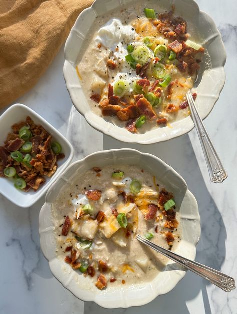 Balanced Loaded Potato Soup Peachie Spoon Recipes, High Protein Potato Soup, Peachie Spoon, Loaded Potato Soup Recipe, Pumpkin Yogurt, Recipe Soup, Loaded Potato Soup, Healthy Family Dinners, Loaded Potato