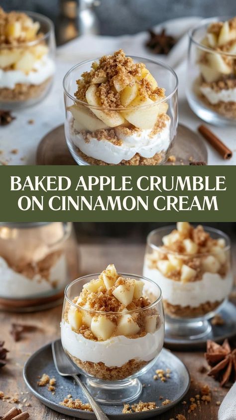 Warm, spiced apples and crunchy crumble come together in this dreamy dessert in a glass—Baked Apple Crumble on Cinnamon Cream is the ultimate fall indulgence! 🍏🍂 #AppleCrumble #CinnamonCream #FallDesserts #DessertInAGlass #SweetIndulgence #CrispyAndCreamy #AutumnTreats #AppleGoodness #ComfortDesserts #SeasonalSweets 🍏✨ Creme De La Crumb Recipes, Baked Apple Crumble, Apple Crumble Dessert, Canister Ideas, Cinnamon Desserts, Baked Apple Dessert, Crumb Recipe, Winter Dessert, Desserts In A Glass