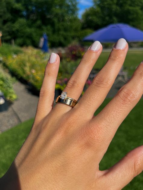 Chunky Gold Wedding Band, Yellow Gold Engagement Ring Thick Band, Timeless Yellow Gold Rings With Thick Band, Elegant Yellow Gold Thick Band Ring, Gold Wedding Jewelry With Thick Band, Minimalist Yellow Gold Thick Band Wedding Ring, Gold Wedding Stack, Thick Wedding Band With Engagement Ring, Chunky Gold Engagement Ring