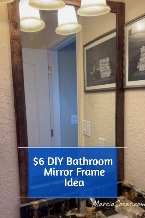 Here's a simple mirror border project that you can complete in under an hour and for less than $6. Perfect for tenants, kids bathrooms, and anywhere you want a quick change with no long term commitment. Bordering Bathroom Mirrors, Adhesive Mirror Trim, Trim Out Bathroom Mirror, Making A Mirror Frame, Mirror Border Diy Bathroom, Mirror Trim Ideas Diy Frame, Peel And Stick Mirror Frame, Mirror Edges Ideas, Mirror Trim Bathroom Diy Frame