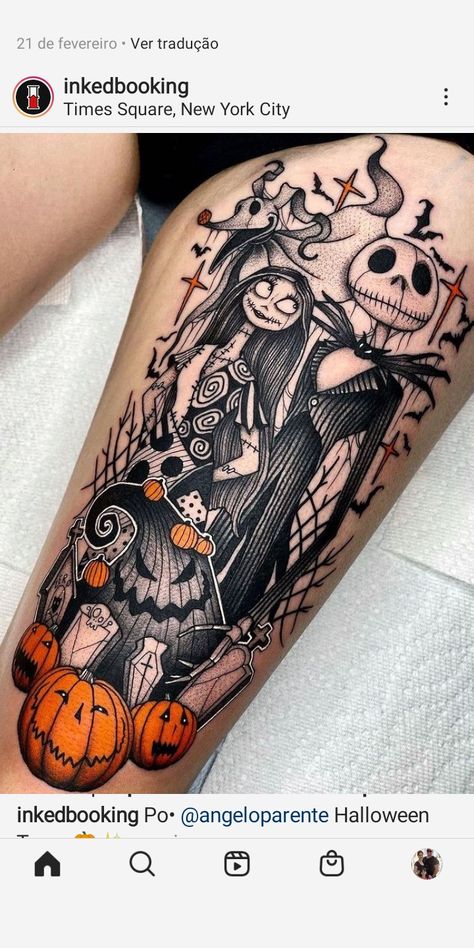 Halloween Themed Tattoos, Jack And Sally Tattoo, Sally Tattoo, Tattoo Nightmares, Jack Skellington Tattoo, Tattoos Leg, Halloween Tattoos Sleeve, Tim Burton Tattoo, Jack Tattoo