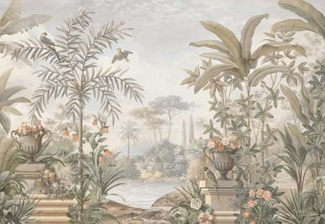 Tropical Patio, Wallpaper Seamless, Tropical Painting, Desain Editorial, Vintage Chinoiserie, View Wallpaper, Chinoiserie Wallpaper, Tropical Wallpaper, Standard Wallpaper