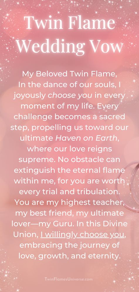 Celebrate unified love with this inspirational collection of Twin Flame wedding vows. Embodied with Divine Masculine and Feminine energy, these romantic promises beautifully blend the essence of love, marriage, and eternal commitment, igniting inspiration for your union ceremony. Twin Flame Wedding Theme, Twin Flame Union Quotes, Twin Flame Love Art, Twin Flame Wedding Vows, Twin Flame Union Affirmation, Twinflames Art Twin Flame Love, Divine Masculine Art, Spiritual Wedding Ideas, Twin Flame Wedding