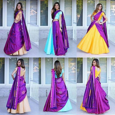 There is a beautiful way to drape saree Half Saree Different Styles, Lehenga And Saree Drape, Saree As Dupatta, Lehnga With Saree Drape, Lehenga Using Saree, Half Saree Drape Styles, Half Saree Dupatta Style, Saree Ghagra Style, Saree Draped As Half Saree