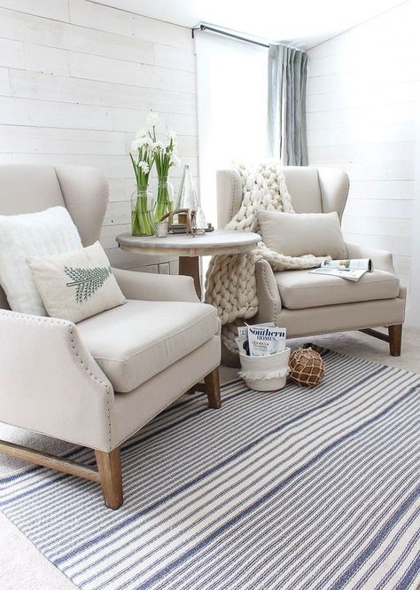 cozy nook / seating area / knit blanket / neutral chairs / striped rug / farmhouse Natural Sitting Room Ideas, Modern Farmhouse Living Room Tables, Timeless Home Decor Ideas, Front Sitting Room Ideas Entrance, Sitting Room Ideas Cozy, Small Sitting Rooms, Formal Living Room Decor, Small Sunroom, Cozy Farmhouse Living Room