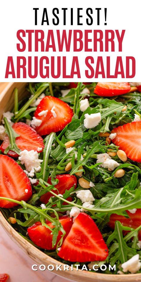 Sometimes the simplest flavors are the best! This salad combines sweet strawberries, peppery arugula, feta cheese, and toasted nuts. Ready in under 15 minutes! #strawberryarugulasalad #easyrecipes #simplerecipes #quickmeals Arugula And Strawberry Salad, Strawberry Arugula Salad Feta, Strawberry Arugula Salad, Arugula Salad Dressing, Arugula Pasta, Arugula Salad Recipes, Feta Cheese Salad, Tomato And Cheese, Strawberry Salad