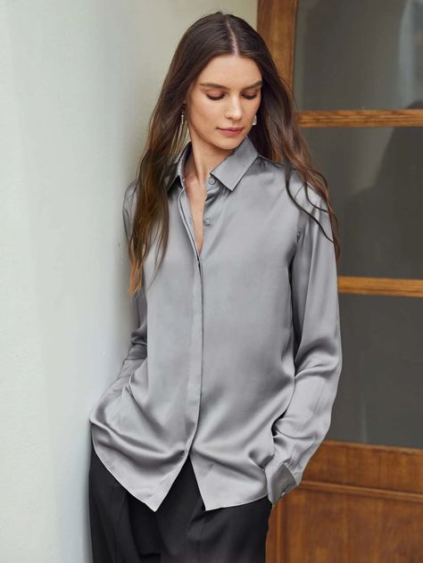 Grey Silk Top Outfit, Silver T Shirt Outfit, Grey Satin Shirt Outfit, Grey Silk Shirt Outfit, Grey Shirt Outfit Women Work, Silver Shirt Outfit, Grey Blouse Outfit, Formals Women, Grey Silk Blouse