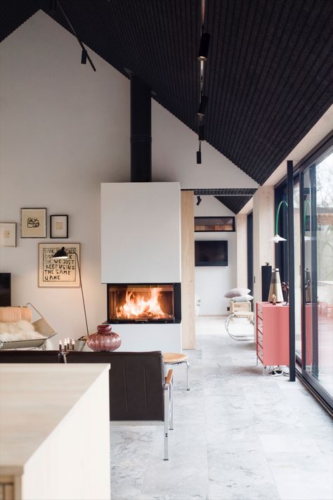 Nordic Barn House, Nordic Barnhouse, Nordic Fireplace, Sip House, The Orangery, Dark House, Contemporary Fireplace, London House, Building Facade