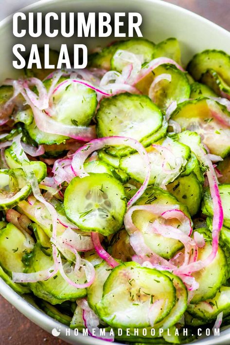 Cucumber Salad! Sweetly tart cucumber salad is the perfect to-go side dish with its crisp cucumbers, vibrant red onion, and fresh dill. Just mix and serve, no cooking needed! | HomemadeHooplah.com Cucumbers Recipes, Livingood Recipes, Cucumbers Salad, Garden Canning, Cucumber Salad Dressing, Easy Cucumber Salad, Facebook Recipes, Cucumbers And Onions, Red Onion Salad