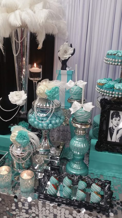 Tiffany Blue Centerpieces Birthday Party, Tiffany And Co Dessert Table, Tiffany Blue Graduation Party, Tiffany Themed Sweet 16, Tiffany Co Birthday Party, Tiffany Blue Sweet 16 Ideas, Sweet 16 Tiffany And Co Theme, Tiffany Decorations Party, Tiffany And Co Sweet 16 Ideas