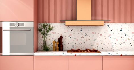 There's something comforting and institutional that tugs at our nostalgic heart strings about it. Terrazzo Kitchen, Copper Home Accessories, Diy Home Accessories, 아파트 인테리어, Pink Kitchen, Cheap Decor, Scandinavian Home, Kitchen Style, Cheap Home Decor