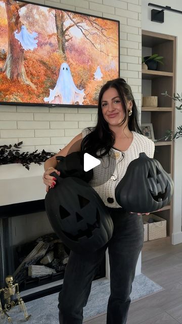 Amanda V B | Type A Style on Instagram: "I love how these pumpkins turned out- and it was the easiest and affordable DIY project. 🎃 Pumpkins and spray paint tagged on my LTK.it @loweshomeimprovement 
.
.
.
.
#halloweenhomedecor #livingroomdecor #organicmodern #diydecor #spookyhomedecor 
.
DIY matte black pumpkins 
DIY Halloween decor 
Halloween home decor
Halloween decorations
Cozy fall home decor
Studio McGee design
Organic modern home
Home decor from Amazon
How I decorated my home
Living room home decor" Kirkland Halloween Decor, Studio Mcgee Design, Mcgee Design, Home Decor Studio, Organic Modern Home, Black Pumpkins, Cozy Fall Home, Decor From Amazon, Pumpkins Diy