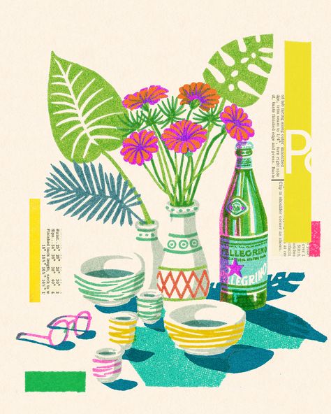 Risograph Illustration, Risograph Design, Risograph Poster, Food Wall Art, Collections Of Objects, Riso Print, Risograph Print, Branding Identity, Arte Inspo