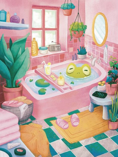 Bathtub Illustration, Bathtub Painting, Bathroom Illustration, Bathroom Drawing, Beautiful Bathtubs, Day Of Eating, In The Bathtub, Bath Art, Watercolor Painting Techniques