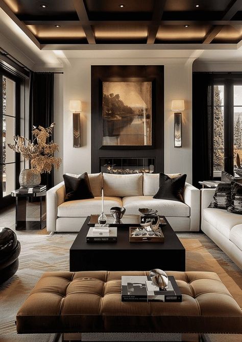 Ny Interior Design, Wood White Black Living Room, Living Room Decor Cream Walls, Big Family Living Room Ideas, Modern Luxe Decor, Luxury Tiles Living Room, Brown Contemporary Living Room, Modern Mid Century Design, Arhaus Living Room Inspiration Modern