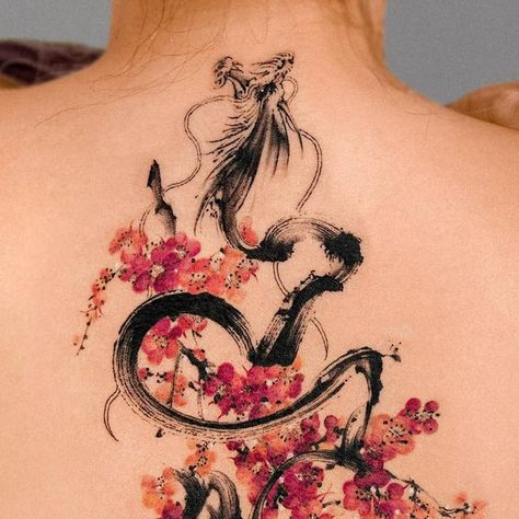 𝗘.𝗻𝗮𝗹 on Instagram: "Brushstroke dragon and plum blossom tree across the back 🐉♥️🌸 Thank you :) @e.nal.tattoo @vismstudio" Star Dragon Tattoo, Brushstroke Dragon Tattoo, Chinese Plum Blossom Tattoo, Sakura Dragon Tattoo, Plum Tree Tattoo, Dragon Cherry Blossom Tattoo, Plum Blossom Drawing, Cherry Blossom Dragon Tattoo, Tattoo For The Back