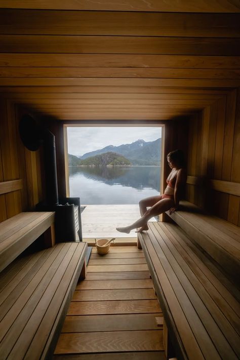 floating sauna in tofino Sauna With A View, Finnish Sauna Aesthetic, Nordic Spa Aesthetic, Sauna Photo Shoot, Sauna Photography, Rooftop Sauna, Floating Sauna, Sauna Project, Tofino British Columbia