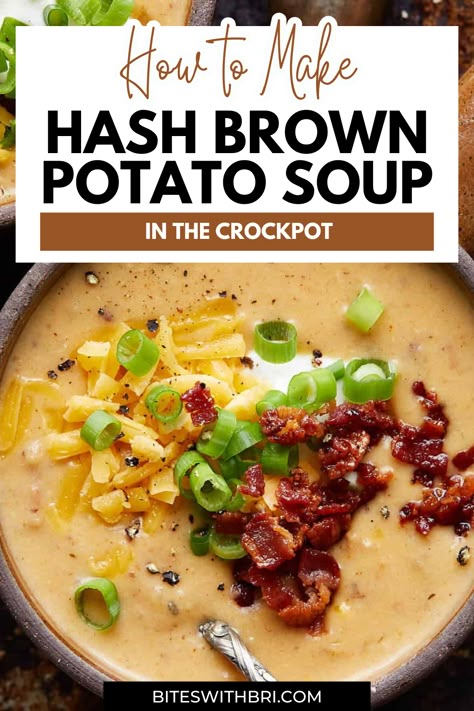 Savor the ease and flavor of this Hash Brown Potato Soup, perfect for busy days. Made with frozen hash browns and slow-cooked to perfection, it pairs well with rice or fresh bread. Come home to a warm, hearty, effortless, delicious meal. Hash Brown Potato Soup Crockpot, Potato Soup Made With Hash Browns, Hash Brown Potato Soup Recipe, Frozen Hash Brown Potato Soup, Potato Soup Frozen Potatoes, Crockpot Potato Soup With Hashbrowns, Hash Brown Soup, Potato Recipe Healthy, Bri Recipes