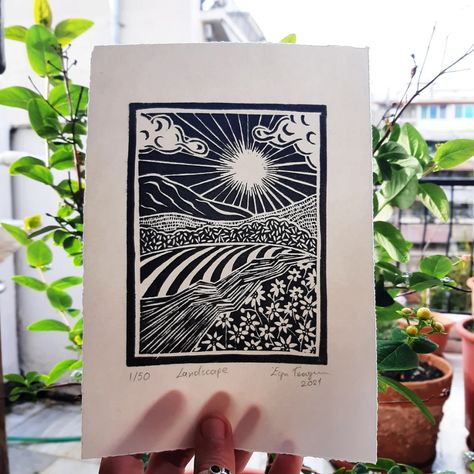 Landscape Original Linocut / Linoprint / Handmade Print / | Etsy Art Assignments, Linoleum Print, Linocut Printmaking, Lino Art, Scratch Art, Linocut Art, Printmaking Art, Stamp Printing, Arte Inspo