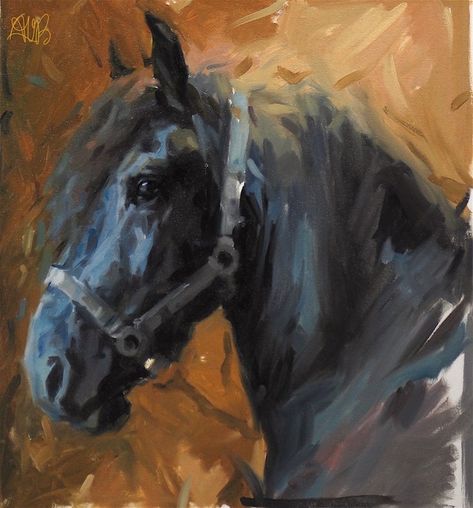 Anthony Valentino Robinson ~ Art of the Horse - ❤️stimulating exercise for today. "Friesian Head #5", 14 x 15, oil on canvas. I may return to it later for its bits and pieces. [reference thanks to artist/photographer A. Weg] Black Horse Painting, Horse Head Painting, Horse Acrylic Painting, Horse Portrait Painting, Horse Paintings Acrylic, Horse Painting On Canvas, Farm Animal Paintings, Horse Art Drawing, Abstract Horse Painting