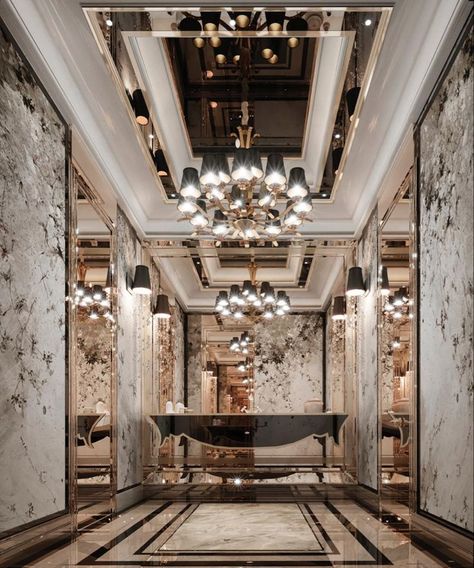 Black Ceiling Paint, Ferris Rafauli, False Ceiling Design Ideas, Kelly Wearstler Interiors, Luxury Ceiling Design, Themed Restaurant, Ceiling Design Ideas, Mirror Ceiling, Lobby Interior Design