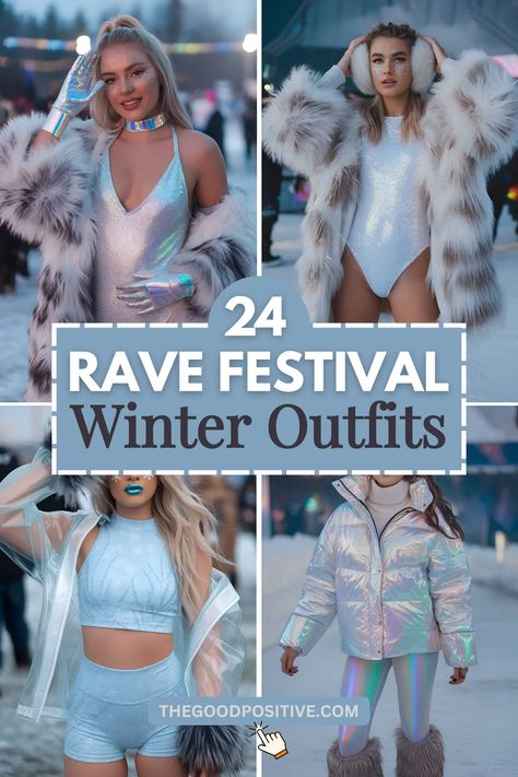 24 Women's Fashionable Winter Rave Outfits For Festivals Snow Festival Outfit, Winter Edm Outfits, Snow Rave Outfits, Dreamstate Rave Outfit, Winter Festival Outfit Cold, Decadence Rave Outfits, Edm Concert Outfit Winter, Winter Rave Outfits Festivals, Nye Rave Outfit