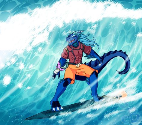 A commission from a friend on discord of my newest DnD character, Tidus Wavecrasher, a dragonborn surfer dude who catches waves on his surf-sword! Blue Dragonborn, Surfer Dude, Character Designs, Dnd Characters, Mammals, Surfing, Character Design, Zelda Characters, Fictional Characters