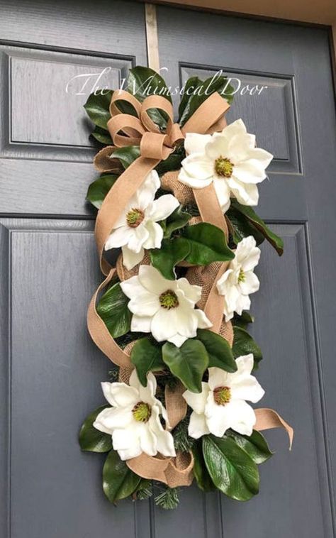 Swag Wreaths For Front Door, Magnolia Swag, Swag Wreaths, Whimsical Door, Double Door Wreath, Diy Magnolia Wreath, Spring Front Door, 21st Party, Spring Front Door Wreaths