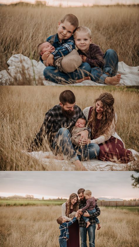 family snuggles their newborn baby in a field of tall grass during sunset Outdoor Newborn Photography With Siblings, Family Of 5 Newborn Pictures Outdoor, Newborn Outdoor Photoshoot With Siblings, Newborn Outdoor Photoshoot Fall, Outdoor Fall Newborn Pictures, Outdoor Newborn Photography Fall, Outdoor Newborn Family Photos, Newborn Family Photos Outdoor, Outdoor Newborn Photography Family