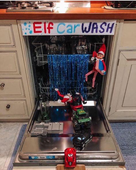 Elves Arriving Late, Car Wash Elf On The Shelf, Elf On The Shelf Ideas Car Wash, Elf On Shelf Car Ideas, Elf Car Wash Ideas, Elf Refueling Station, Elf On The Shelf Mixer Ride, Car Elf On The Shelf Ideas, Elf On The Shelf Dishwasher