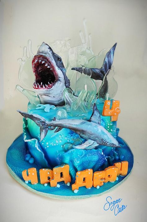 Megladon Cake, Megalodon Cake, Shark Themed Cakes, Cake Painting Tutorial, Dolphin Cakes, Shark Birthday Cakes, Specialty Cupcakes, Ocean Birthday Party, Ocean Cakes