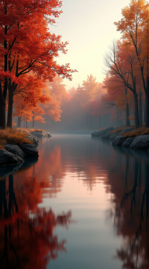 A still lake reflecting brilliant autumn foliage, with trees in shades of red, orange, and yellow, and a warm, soft light creating a peaceful, mirror-like effect on the water  Created on Artist.Ninja with AI Model: Creative XL Style: Landscapes Autumn Reflections, Autumn Foliage, Lake Landscape, Autumn Landscape, Orange And Yellow, Fall Foliage, Shades Of Red, Soft Light, Soft Lighting