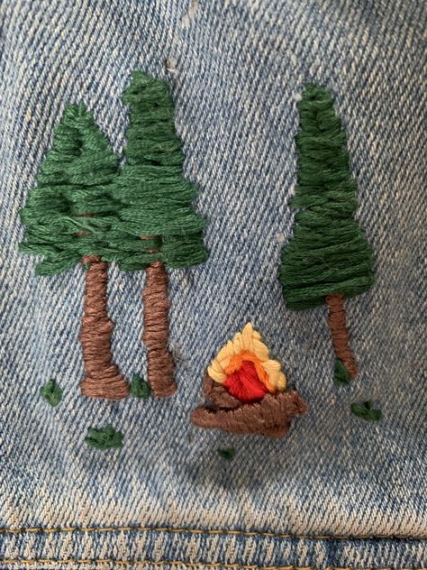 Embroidery Designs Mountains, Hand Embroidery Mountains, Mountain Hand Embroidery, Manly Embroidery, Campfire Embroidery, Idaho Embroidery, Blundstone Embroidery, Denim Jacket Embroidery Ideas, Fire Embroidery