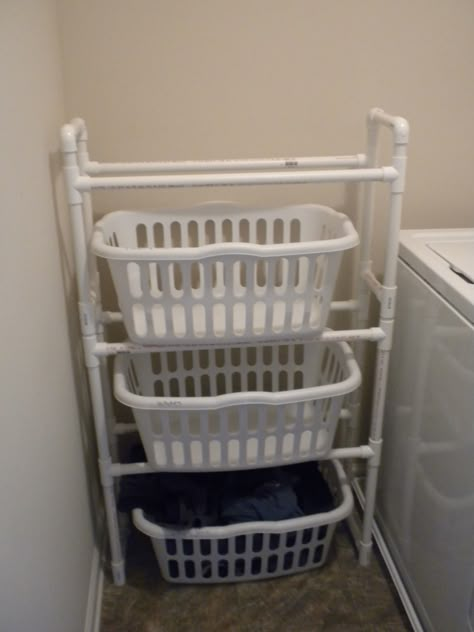 Pvc Laundry Basket Holder, Pvc Shoe Racks, Pvc Pipe Storage, Pvc Pipe Furniture, Basement Laundry Room Makeover, Laundry Basket Dresser, Laundry Basket Holder, Pvc Pipe Ideas, Small Studio Apartment Decorating