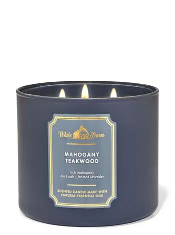 Mahogany Teakwood 3-Wick Candle - White Barn | Bath & Body Works Mahogany Teakwood Candle, Mahogany Teakwood, White Barn Candle, Candle Bath, Lavender Scented Candle, Fragrance Ingredients, Candle Branding, Bath Candles, White Barn