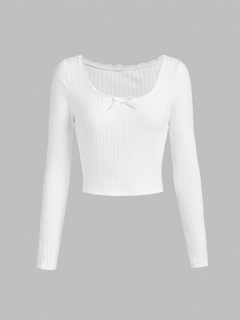 White Casual Collar Long Sleeve Knitted Fabric Plain  Embellished Medium Stretch  Teen Girls Clothing White Long Sleeved Top, Outfit Inspo 12-13, Cute Tops Long Sleeve, Cute Tops For School, Cute Long Sleeve Tops, White Under Shirt, White Long Sleeve Shirt Outfit, Teen Shirts