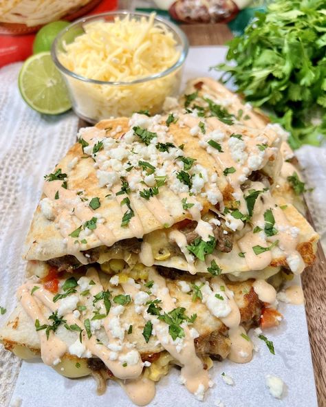 Mexican Street Corn & Steak Quesadilla — @chefmikehard #LetsVibe Corn Steak, Corn Quesadilla, Steak Quesadilla, Sauteed Peppers And Onions, Sauteed Peppers, Marinated Steak, Mexican Street Corn, Street Corn, Mexican Street