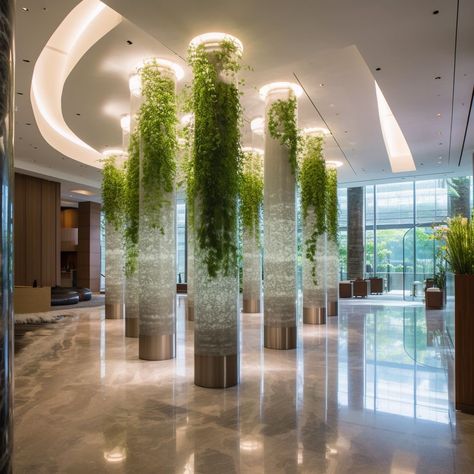 Creative Lobby Design, Biofilic Design Office, Infirmary Design, Green Hotel Lobby, Biophilic Hotel Design, Biophilic Hotel Lobby, Office Atrium Design, Lobby Interior Design Entrance, Biophilia Interior Design