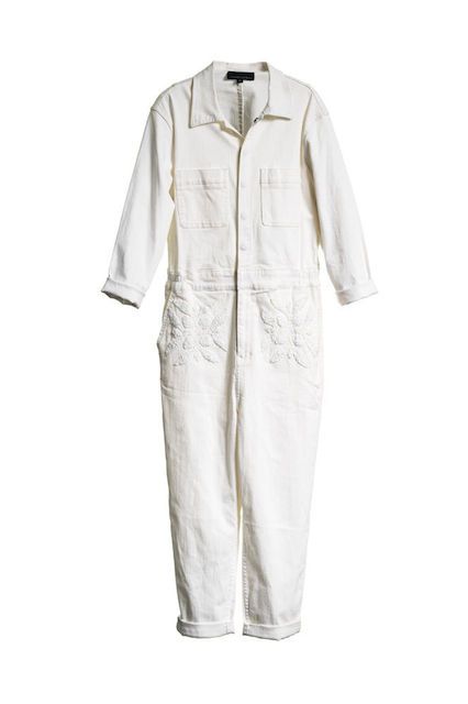 "At a glance, this white jumpsuit looks like your typical workman's onesie. However, those embellished pockets are definitely something you won't see at your neighborhood garage.” Simple White Jumpsuit, Jumpsuits For Men, Wolf Outfit, Overalls For Men, Stylish Overalls, Overalls For Women, Portrait Shoot, Style Overalls, Suit Jumpsuit