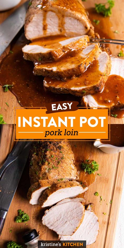 Cooking a pork loin in the Instant Pot couldn't be easier! This Instant Pot Pork Loin cooks up moist and flavorful with a luscious gravy. It's perfect for Sunday dinner. Turkey Loin, Pressure Cooker Pork Loin, Instant Pot Pork Loin Recipe, Instant Pot Pork Roast Recipe, Instant Pot Pork Loin, Cooking Pork Loin, Pork Loin Crock Pot Recipes, Pork Loin Roast Recipes, Instant Pot Pasta Recipe