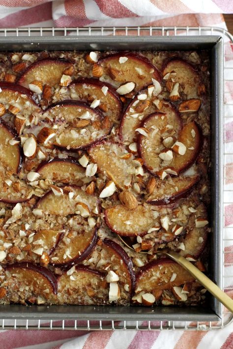 Cinnamon Plum Baked Oatmeal with Toasted Almonds | girlversusdough.com @girlversusdough #girlversusdough #breakfast #oatmeal #healthy #recipe Plum Breakfast Recipes, Oatmeal Variations, Plum Breakfast, Plum Oatmeal, Oatmeal Healthy, Plum Recipes, Breakfast Oatmeal, Plum Fruit, Healthy Oatmeal