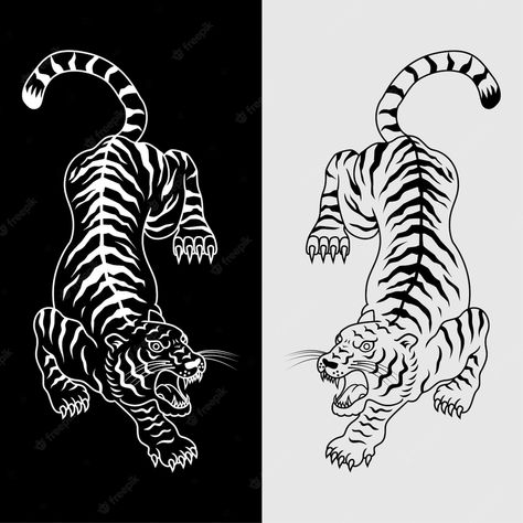 Premium Vector | Illustration of tiger tattoo in black and white. vector Chinese Style Tiger Tattoo, Tiger Art Black And White, Tiger Illustration Tattoo, Vintage Tiger Tattoo, Japanese Style Tiger Tattoo, Double Tiger Tattoo, Chinese Tiger Illustration, Line Work Tiger Tattoo, Tiger Flash Tattoo