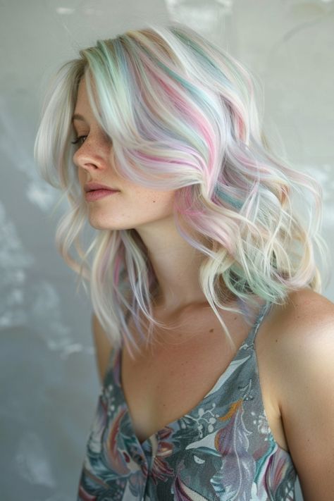 A person with pastel-colored hair in shades of blue, pink, and blonde gazing downward, with a thoughtful expression. Purple Blonde Hair Highlights, Ash Blonde With Color Peekaboo, Blonde Hair With Pastel Highlights, Ash Blonde Hair With Fun Color, White Hair Pastel Highlights, Ash Blonde With Purple Peekaboo, Ethereal Hairstyles, Ash Blonde Hair Color Ideas, Blonde Hair Balayage