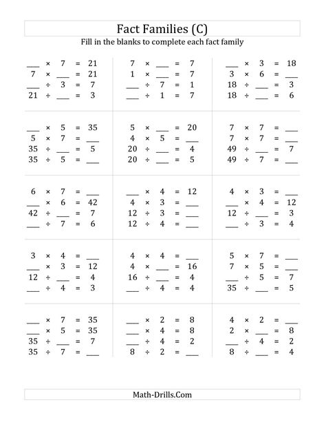 The Multiplication and Division Relationships with Products to 49 (C) math worksheet from the Fact Family Worksheets page at Math-Drills.com. Division Facts Worksheets, Multiplication Facts Memorizing, Fact Families Multiplication, Top Template, Division Fact Families, Fact Family Worksheet, Multiplication And Division Worksheets, Printable Multiplication Worksheets, Multiplication Facts Worksheets