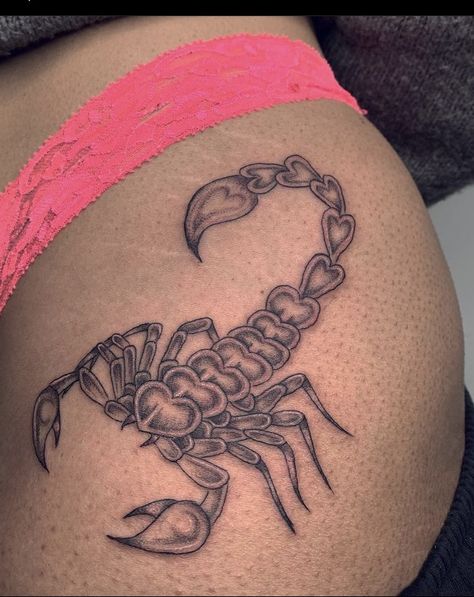 Scorpion Tattoo Feminine Thigh, Zodiac Sign Tattoos Scorpio Astrology, Scorpion With Heart Tattoo, Scorpion Tattoo Thigh, Scorpio Tattoo Thigh, Scorpio Tattoo Black Women, Scorpion Collar Bone Tattoo, Scorpion Stomach Tattoo, Scorpio Hip Tattoo