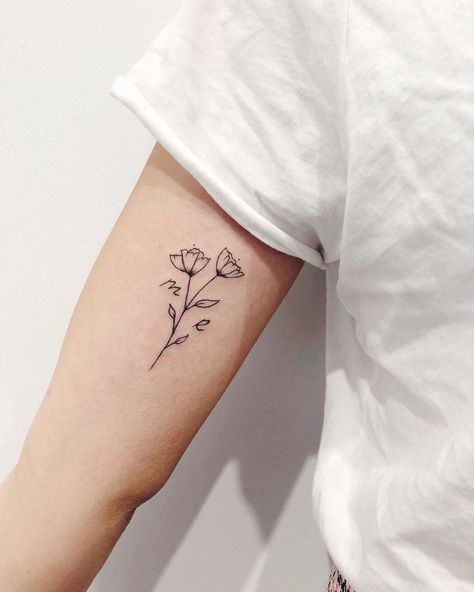 Small Initial Tattoo With Flower, Birth Flower Tattoo With Initial, Flower And Initial Tattoo, Initial Tattoo Flower, Flower Tattoo With Initials In Stem, Flower With Initials Tattoo, Flower Date Tattoo, Initial With Flower Tattoo, Initial Flower Tattoo