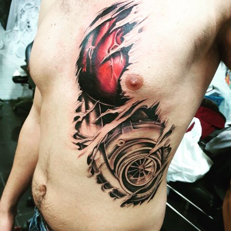 Turbo Heart Tattoo, Brent Tattoo, Turbo Tattoo, Car Tattoo Ideas, Engine Tattoo, Car Tattoos, Black Tattoo, Tattoo Art Drawings, Chest Piece